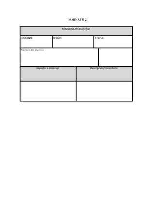 FORMATO 2
REGISTRO ANECDÓTICO
DOCENTE: SESIÓN: FECHA:
Nombre del alumno
Aspectos a observar Descripción/comentario
 