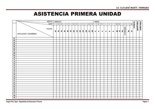 I.E. 1124 JOSÉ MARTÍ - PRIMARIA
Ángel Pinto Tapia - Especialista de Educación Primaria Página 5
ASISTENCIA PRIMERA UNIDAD
MESES
DIAS
FECHA
APELLIDOSY NOMBRES
MARZO ABRIL
Tardanza
Faltasjustfif
Faltasinjust.
L M M J V L M M J V L M M L M M J V L M M J V l M
12
13
14
15
16
19
20
21
22
23
26
27
28
2
3
4
5
6
9
10
11
12
13FERIADO
16
17
01
02
03
04
05
06
07
08
09
10
11
12
13
14
15
16
17
18
19
20
21
22
23
24
25
26
27
28
29
 