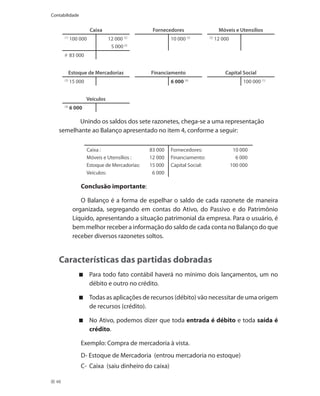 Contabilidade


                       Caixa                     Fornecedores                     Móveis e Utensílios
       (1)
             100 000             12 000  (2)
                                                         10 000   (3)      (2)
                                                                                 12 000
                                  5 000 (3)
       # 83 000


             Estoque de Mercadorias             Financiamento                        Capital Social
       (3)
             15 000                                      6 000 (4)                             100 000 (1)


                      Veículos
       (4)
             6 000

          Unindo os saldos dos sete razonetes, chega-se a uma representação
   semelhante ao Balanço apresentado no item 4, conforme a seguir:

                      Caixa :                   83 000   Fornecedores:                     10 000
                      Móveis e Utensílios :     12 000   Financiamento:                     6 000
                      Estoque de Mercadorias:   15 000   Capital Social:                  100 000
                      Veículos:                  6 000

                 Conclusão importante:

                 O Balanço é a forma de espelhar o saldo de cada razonete de maneira
              organizada, segregando em contas do Ativo, do Passivo e do Patrimônio
              Líquido, apresentando a situação patrimonial da empresa. Para o usuário, é
              bem melhor receber a informação do saldo de cada conta no Balanço do que
              receber diversos razonetes soltos.


   Características das partidas dobradas
                       Para todo fato contábil haverá no mínimo dois lançamentos, um no
                       débito e outro no crédito.

                       Todas as aplicações de recursos (débito) vão necessitar de uma origem
                       de recursos (crédito).

                       No Ativo, podemos dizer que toda entrada é débito e toda saída é
                       crédito.

                 Exemplo: Compra de mercadoria à vista.
                 D- Estoque de Mercadoria (entrou mercadoria no estoque)
                 C- Caixa (saiu dinheiro do caixa)

  48
 