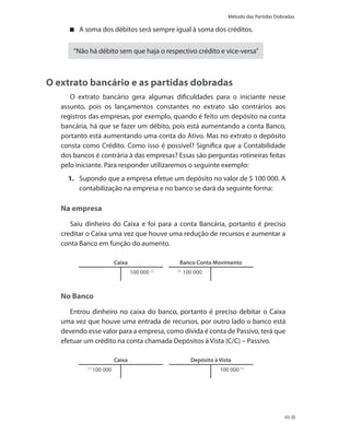 Método das Partidas Dobradas

         A soma dos débitos será sempre igual à soma dos créditos.


       “Não há débito sem que haja o respectivo crédito e vice-versa”



O extrato bancário e as partidas dobradas
      O extrato bancário gera algumas dificuldades para o iniciante nesse
   assunto, pois os lançamentos constantes no extrato são contrários aos
   registros das empresas, por exemplo, quando é feito um depósito na conta
   bancária, há que se fazer um débito, pois está aumentando a conta Banco,
   portanto está aumentando uma conta do Ativo. Mas no extrato o depósito
   consta como Crédito. Como isso é possível? Significa que a Contabilidade
   dos bancos é contrária à das empresas? Essas são perguntas rotineiras feitas
   pelo iniciante. Para responder utilizaremos o seguinte exemplo:
     1. Supondo que a empresa efetue um depósito no valor de $ 100 000. A
        contabilização na empresa e no banco se dará da seguinte forma:

   Na empresa
      Saiu dinheiro do Caixa e foi para a conta Bancária, portanto é preciso
   creditar o Caixa uma vez que houve uma redução de recursos e aumentar a
   conta Banco em função do aumento.

                            Caixa                    Banco Conta Movimento
                                    100 000   (1)   (1)
                                                          100 000



   No Banco
      Entrou dinheiro no caixa do banco, portanto é preciso debitar o Caixa
   uma vez que houve uma entrada de recursos, por outro lado o banco está
   devendo esse valor para a empresa, como dívida é conta de Passivo, terá que
   efetuar um crédito na conta chamada Depósitos à Vista (C/C) – Passivo.

                            Caixa                           Depósito à Vista
            (1)
                  100 000                                              100 000 (1)




                                                                                                 49
 