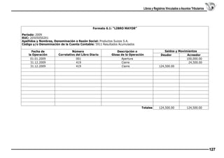 Libros y Registros Vinculados a Asuntos Tributarios

Formato 6.1: “LIBRO MAYOR”
Período: 2009
RUC: 20505050201
Apellidos y Nombres, Denominación o Razón Social: Productos Suizos S.A.
Código y/o Denominación de la Cuenta Contable: 5911 Resultados Acumulados

 

 

 

 

Saldos y Movimientos
Deudor
Acreedor
 
 100,000.00
  24,500.00
 124,500.00
 
 

 

 

 

 

 

Fecha de
la Operación
01.01.2009
31.12.2009 
31.12.2009

Número
Correlativo del Libro Diario
001
419 
 419

Descripción o
Glosa de la Operación
Apertura  
Cierre 
Cierre

Totales

 124,500.00

 124,500.00

127

 