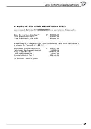 Libros y Registros Vinculados a Asuntos Tributarios

10. Registro de Costos – Estado de Costos de Venta Anual

(*)

La empresa Ab Co SA con RUC 20101010006 tiene los siguientes datos anuales:
Costo del Inventario Inicial de PT
Costo de Producción de PT
Costo de Inventario Final de PT

S/.

300,000.00
960,000.00
900,000.00

Adicionalmente, la citada empresa tiene los siguientes datos en el consumo de la
producción del Proceso 1 al 31.12.2009
Materiales y Suministros Directos
Materiales y Suministros Indirectos
Mano de Obra Directa
Otros gastos Indirectos
Inventario Final de P en P

S/.

685,000.00
10,000.00
1042,140.00
76,000.00
853,140.00

(*) Operaciones a manera de ejemplo

137

 
