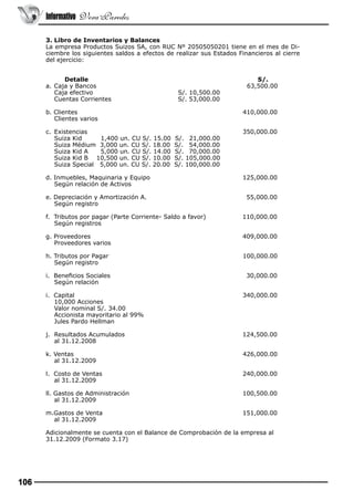 Informativo Vera Paredes
3. Libro de Inventarios y Balances
La empresa Productos Suizos SA, con RUC Nº 20505050201 tiene en el mes de Diciembre los siguientes saldos a efectos de realizar sus Estados Financieros al cierre
del ejercicio:
Detalle					
		
a.	 Caja y Bancos 							
	 Caja efectivo 		
S/. 10,500.00
Cuentas Corrientes	
S/. 53,000.00

S/.
63,500.00

b. Clientes
Clientes varios

410,000.00

c. Existencias								
Suiza Kid
1,400 un. CU S/. 15.00 S/. 21,000.00
Suiza Médium 3,000 un. CU S/. 18.00 S/. 54,000.00
Suiza Kid A
5,000 un. CU S/. 14.00 S/. 70,000.00
Suiza Kid B 10,500 un. CU S/. 10.00 S/. 105,000.00
Suiza Special 5,000 un. CU S/. 20.00 S/. 100,000.00
				
d. Inmuebles, Maquinaria y Equipo					
Según relación de Activos

350,000.00

e. Depreciación y Amortización A.
Según registro

125,000.00
55,000.00

f. Tributos por pagar (Parte Corriente- Saldo a favor)
Según registros

110,000.00

g. Proveedores							
Proveedores varios

409,000.00

h. Tributos por Pagar						
Según registro

100,000.00

i. Beneficios Sociales					
Según relación

30,000.00

i. Capital
						
10,000 Acciones
Valor nominal S/. 34.00
Accionista mayoritario al 99%
Jules Pardo Hellman

340,000.00

j. Resultados Acumulados
al 31.12.2008

124,500.00

k. Ventas 							
al 31.12.2009

426,000.00

l. Costo de Ventas 							
al 31.12.2009

240,000.00

ll. Gastos de Administración						
al 31.12.2009

100,500.00

m.Gastos de Venta							
al 31.12.2009

151,000.00

Adicionalmente se cuenta con el Balance de Comprobación de la empresa al
31.12.2009 (Formato 3.17)

106

 