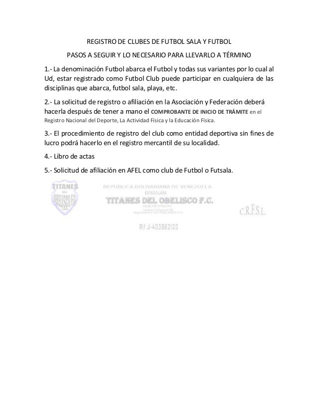 Formato De Registro De Clubes De Futbol Sala Y Futbol