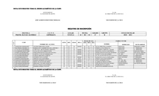 NOTA: ESTE REGISTRO TOMA EL ORDEN ALFABÉTICO DE LA CURP.

                                      ATENTAMENTE                                                                                       Vo. Bo.
                                  EL MAESTRO DE GRUPO                                                                         EL DIRECTOR DE LA ESCUELA



                            JOSÉ ALBERTO HERNÁNDEZ MORALES                                                                     NOE MARINO DE LA CRUZ




                                                                    REGISTRO DE INSCRIPCIÓN

            ESCUELA                         C.C.T .T.               LUGAR                   FECHA       GRADO           GRUPO                           CICLO ESCOLAR
     PROFR. RAFAEL RAMÍREZ                12DPR4641X                YEXTLA            24      08  10      6°              B                                2010 - 2011


                                                                                              FECHA DE NAC.                                     PADRE O TUTOR
N.           CURP                                            SEXO   REP.    EDAD   BECA      AÑO MES DIA
P                                 NOMBRE DEL ALUMNO                                                                        NOMBRE                        DOMICILIO       ESCOLARIDAD
 1   AOMC990118HGRLRS07   ALONSO MIRANDA CESAR                H     N. I.    10    OPORT.     99   01   18    JULIA MIRANDA ZAMORA                   HIDALGO         PRIMARIA COMPL.
 2   BACB980412MGRRSL16   BARRAGÁN CASIMIRO BLANCA XÓCHILT    M     N. I.    11               98   04   12    JOSEFA LUNA PERALTA.                   MIRADOR         1° PRIMARIA
 3   CAAC981223MGRRRR01   CARVAJAL ARCOS MARIA CRISTINA       M     N. I.    10    OPORT.     98   12   23    SALOMÓN CARBAJAL ADAME                 HIDALGO         4° PRIMARIA
 4   CANB980901MGRTVB06   CATALÁN NAVA BIBIAN ITZEL           M     N. I.    11    OPORT.     98   09   01    MANUELA NAVA CASTORENA                 EL CALVARIO     PREPARATORIA
 5   FEBI971023MGRRNS05   FERNANDO BUENAVENTURA ISAURA        M     N. I.    11    OPORT.     97   10   23    MARIA BUENAVENTURA ROMERO              EL RODEO        SIN ESCOLARIDAD
 6   GACE990930MGRRTS05   GARCÍA CATALÁN ESMERALDA            M     N. I.     9    OPORT.     99   09   30    NANCY CATALÁN GÓMEZ                    AV. RÍO         2° SECUNDARIA
 7   GAML980630MGRRRZ     GARCÍA MIRANDA LIZBETH              M     N. I.    11               98   06   30    MA. DEL ROSARIO MIRANDA BUENAVENTURA   NIÑOS HÉROES    2º PRIMARIA
 8   GUNJ990601HGRZVV     GUZMÁN NAVA JAVIER                  H     N. I.    10    OPORT.     99   06   01    GENOVEVA NAVA FERNANDO                 SAN ANTONIO     5º PRIMARIA
 9   JISB991016MGRMLR00   JIMÉNEZ SALGADO BRISA               M     N. I.     9     MUN.      99   10   16    JOSEFA SALGADO MARINO                  MINA            PRIMARIA COMPL.
10   MARS990729HGRRMN03   MARINO ROMERO SANTIAGO              H     N. I.    12    OPORT.     97   07   29    ANITA ROMERO NAVA                      AV. DEL RÍO     3° PRIMARIA
11   MEVE981128HGRJLD05   MEJÍA VILLEGAS EDUARDO              H     N. I.    10    OPORT.     98   11   28    LADISLAO MEJÍA FLORES                  EL MIRADOR      4° PRIMARIA
12   MIVM990505MGRRLR09   MIRANDA VALADEZ MARVELI             M     N. I.    10               99   05   05    INÉS BUENAVENTURA GÓMEZ                NIÑOS HÉROES    SIN ESCOLARIDAD
13   RETA990224MGRYNL01   REYNA TINOCO ALEJANDRA              M     N. I.    10    OPORT.     99   02   24    PEDRO REYNA GARCÍA                     ABASOLO
14   ROGV980925HGRMMC     ROMERO GÓMEZ VICENTE                H      R       10    OPORT.     98   09   25    INOCENTE ROMERO SANTOS

NOTA: ESTE REGISTRO TOMA EL ORDEN ALFABÉTICO DE LA CURP.


                                      ATENTAMENTE                                                                                       Vo. Bo.
                                  EL MAESTRO DE GRUPO                                                                         EL DIRECTOR DE LA ESCUELA



                                 NOÉ MARINO DE LA CRUZ                                                                         NOE MARINO DE LA CRUZ
 