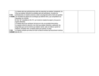 11:30-
11:45AM
11:45-
12:00AM
La maestra abría las participaciones sobre las preguntas que estaban contestando; los
niños que estaban distraídos los señalaba para que participaran, al acabar las
participaciones; la maestra comenzó a dictar una preguntas sobre el tema de igualdad.
Les recordaba las páginas de la antología que deberían leer y que compartieran sus
respuestas con el grupo.
El niño “Ab” molestaba al niño “Ar”, por lo tanto la maestra los separo y los puso en
lugares diferentes.
La maestra decía que cambiaran de tema por el de una sociedad democrática.
La maestra le llamo la atención a los niños que estaban distraídos y platicando, les
preguntaba que cual era el tema que estaban viendo, cada uno daba su opinión al
respecto. Al finalizar esto, la maestra pedía que pusieran un juego.
La maestra indicaba que antes de iniciar la clase de artística que escucharan la lectura
del niño “Ar”.
 