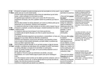 11:30-
11:45am
11:45-
12:00pm
12:00-
12:15pm
El pizarrón la maestra ha puesto las tareas que se han acumulado en el día y que lo
anoten para que no se les olvide hacerla.
El primer equipo inicia la explicación sobre el tema de matemáticas que les había
tocado, y todos verificaban si la información es cierta.
El siguiente equipo explicarían su tema, por lo cual la niña “Al” inicio con la
presentación del equipo y las otras 3 pasaban resolver los problemas que había en
el libro.
Mientras ellas anotaban los demás platicaban, por lo tanto la profesora pidió que se
apresuraran con su exposición. Al término de la explicación.
La maestra les indica que no deben tardarse con su tema y pidió al equipo 3 que ya
empezaran a explicarlo. Los alumnos del equipo 3, deciden levantarse de su banca
y explicar el tema.
La maestra le indica que inicie el equipo 4 con el tema que les toco.
La maestra sale de repente del grupo y los niños no quieren escuchar sus
compañeros.
A su regreso ella decide preguntar lo que escucharon y comprendieron. Le hace una
pregunta en la que deben diferenciar diferentes características.
Al término de la exposición, le toca el turno del equipo 5 que expondría su tema;
como el equipo se había tardado demasiado y se quedó callado, la profesora les
indica que deben organizarse mejor.
Inicia la clase de ciencias naturales. En el cual todos sacaban su libro de ciencias
naturales. La profesora que cada equipo como ya estaban formados, improvisaran
un sonido y ella eligió a un equipo en el cual emitían un sonido grave.
El niño “Al” emitió el sonido de un gato, en el cual los demás evaluarían si era un
sonido, débil, grave o agudo.
De repente un niño dio un grito que estremeció a los demás, y los puso
escandalosos, en lo cual la maestra pega el pizarrón para que se mantenga el
orden.
Los niños empiezan a hacer sonidos con los objetos que tenían al alcance, como un
vaso, una pelota, los libros, etc. lo cual los demás decían de qué tipo de sonido se
trataba. Una niña imito el sonido de una ardilla.
Al término la maestra pidió que sacaran sus cuadernos.
que en realidad
aprendieron los alumnos.
¿Para qué hace equipos
de trabajo?
Hacer equipos de trabajo,
es para que aprendan a
trabajar en colaborativo,
sepan ser tolerantes y
respetuosos ante lo que
es la realización de una
actividad. Y que el
trabajo no sea
individualista.
¿Para que utiliza el libro
la maestra?
utilización del libro de
cada asignatura como
recurso didáctico, es para
ayudar al docente en sus
clases, es un medio en el
cual se puede guiar, para
hacer la clase y ver los
contenidos a tratar
¿Para qué sirve realizar
preguntas para abordar
un contenido? La
realización de preguntas
es con el fin de que los
alumnos investiguen,
Una distribución en equipos
facilita el establecimiento de
propuestas educativas que
tengan en cuenta la diversidad
del alumnado. (...) será
sumamente apropiada para el
trabajo de los contenidos
actitudinales en el ámbito de las
relaciones interpersonales.
(Antoni Zavala -practica
educativa. Como enseñar. -Pp.
131)
Los libros de textos, que son
vehiculadores de mensajes,
actúan con transmisores de
determinadas visiones de la
sociedad, la historia y la cultura.
(Antoni Zavala,- la práctica
educativa. -Pp. 180.)
Fácil es imaginar que las
preguntas acerca de los rasgos
comunes y de las diferencias
provocan una investigación y una
búsqueda intensas.
(Hans Aebli, -12 formas básicas
de enseñar. -Pp. 218.)
 