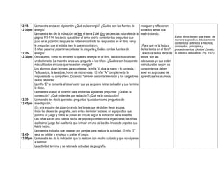12:15-
12:20pm
12:20-
12:30pm
12:30-
12:45pm
12:45-
13:00pm
La maestra anota en el pizarrón: ¿Qué es la energía? ¿Cuáles son las fuentes de
energía?
La maestra les dio la indicación de leer el tema 2 del libro de ciencias naturales de la
página 113-114, les decía que al leer el tema podría contestar las preguntas que
puso en el pizarrón; después de haber encontrado las respuestas en el libro, van y
le preguntan que si estaba bien lo que encontraron.
3 niñas pasan al pizarrón a contestar la pregunta ¿Cuáles con las fuentes de
energía?
Otro alumno, como no encontró lo que era energía en el libro, deicidio buscarlo en
un diccionario. La maestra lanza una pregunta a los niños: ‘¿Cuáles son los aparato
más utilizados en casa que necesiten energía?
Los alumnos alzan la mano para contestar, la niña “it” alza la mano y lo contesta. :
“la licuadora, la lavadora, horno de microondas. El niño “Ar” complementa la
respuesta de su compañera. Diciendo: “también serían la televisión y los cargadores
de los celulares”
La niña “E” le comenta al observador que ya se quiere retirar del salón y que termine
la clase.
La maestra vuelve al pizarrón para anotar las siguientes preguntas: ¿Qué es la
convección? ¿Qué entiendes por radiación? ¿Qué es la conducción?
La maestra les decía que estas preguntas ‘quedaban como preguntas de
investigación.’
(En una esquina del pizarrón anota las tareas que se deben llevar a casa.
Inicia las clases de geografía, pero antes de iniciar la clase, un equipo dice que
pondría un juego y todos se ponen en círculo según la indicación de la maestra.
Las niñas sacan una cuerda hecha de popote y comienzan a organizarse; las niñas
explican el juego del cual tenía que brincar en una de las dos líneas de popotes que
había hecho.
La maestra indicaba que pasaran por parejas para realizar la actividad. El niño “S”
saca su celular y empieza a grabar el juego.
La maestra les da la indicación que lo realicen con mucho cuidado y que no váyanse
a lastimar.
La actividad termina y se retoma la actividad de geografía.
indaguen y reflexionen
sobre los temas que
estén tratando.
¿Para qué es la lectura
de los textos en el libro?
La lectura de los libros de
textos, son las
adecuadas ya que están
estructuradas según los
conocimientos deben
tener en su proceso de
aprendizaje los alumnos.
Estos libros tienen que tratar, de
manera expositiva, básicamente
contenidos referidos a hechos,
conceptos, principios y
procedimientos. (Antoni Zavala,-
la práctica educativa. -Pp. 197.)
 