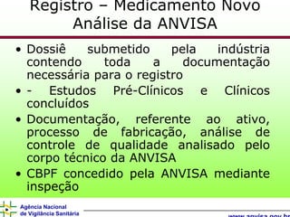 Registro – Medicamento Novo
        Análise da ANVISA
• Dossiê    submetido     pela   indústria
  contendo     toda    a    documentação
  necessária para o registro
• - Estudos Pré-Clínicos e Clínicos
  concluídos
• Documentação, referente ao ativo,
  processo de fabricação, análise de
  controle de qualidade analisado pelo
  corpo técnico da ANVISA
• CBPF concedido pela ANVISA mediante
  inspeção
Agência Nacional
de Vigilância Sanitária
 