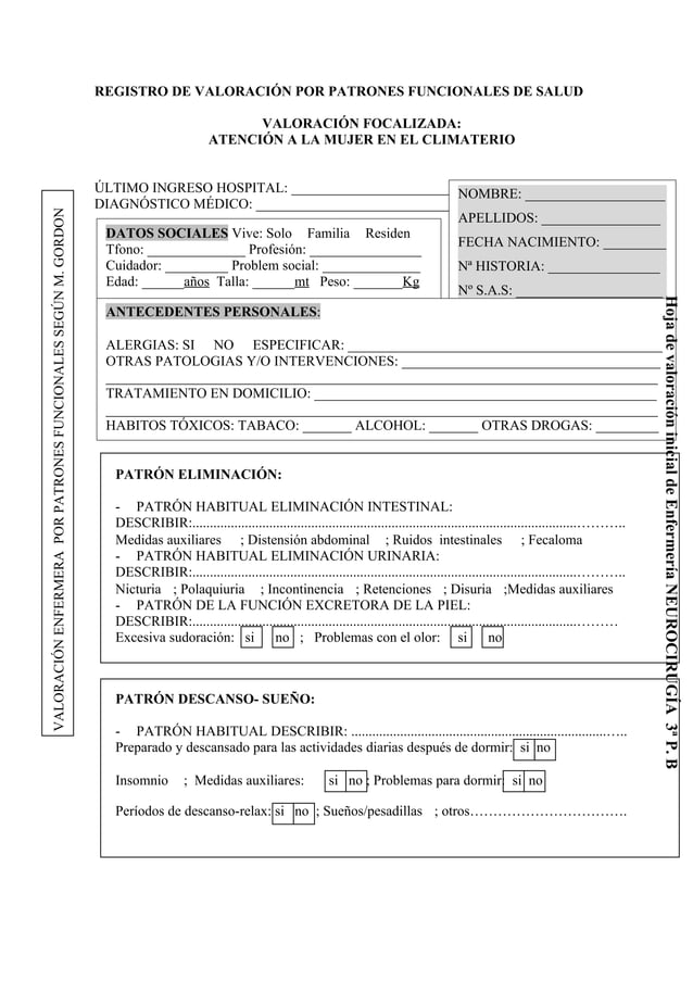 Hoja de Registro de valoración por patrones funcionales de salud