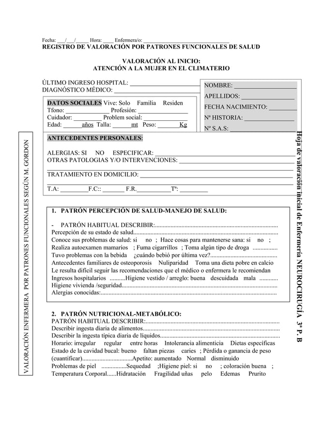 Hoja de Registro de valoración por patrones funcionales de salud