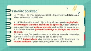 ESTATUTO DO IDOSO
Lei nº 10.741, de 1º de outubro de 2003 - dispõe sobre o Estatuto do
Idoso e dá outras providências.
Art. 4° Nenhum idoso será objeto de qualquer tipo de negligência,
discriminação, violência, crueldade ou opressão, e todo atentado
aos seus direitos, por ação ou omissão, será punido na forma da lei.
§ 1° É dever de todos prevenir a ameaça ou violação aos direitos
do idoso.
§ 2° As obrigações previstas nesta Lei não excluem da prevenção
outras decorrentes dos princípios por ela adotados.
Art. 5° A inobservância das normas de prevenção importará em
responsabilidade à pessoa física ou jurídica nos termos da lei.
 