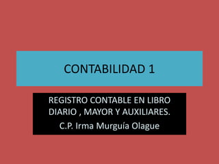 CONTABILIDAD 1
REGISTRO CONTABLE EN LIBRO
DIARIO , MAYOR Y AUXILIARES.
C.P. Irma Murguía Olague
 