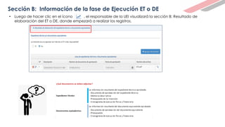 Sección B: Información de la fase de Ejecución ET o DE
• Luego de hacer clic en el ícono , el responsable de la UEI visualizará la sección B: Resultado de
elaboración del ET o DE, donde empezará a realizar los registros.
 