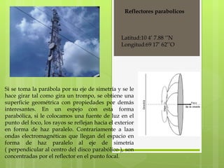 Si se toma la parábola por su eje de simetría y se le hace girar tal como gira un trompo, se obtiene una superficie geométrica con propiedades por demás interesantes. En un espejo con esta forma parabólica, si le colocamos una fuente de luz en el punto del foco, los rayos se reflejan hacia el exterior en forma de haz paralelo. Contrariamente a laas ondas electromagnéticas que llegan del espacio en forma de haz paralelo al eje de simetría ( perpendicular al centro del disco parabólico ), son concentradas por el reflector en el punto focal. Reflectores parabolicos Latitud:10 4’ 7.88 ‘’N Longitud:69 17’ 62’’O 