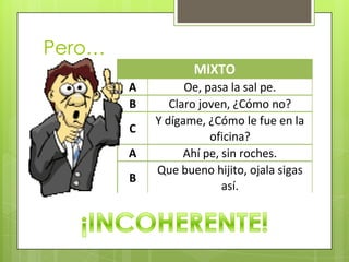 Pero…
                   MIXTO
        A         Oe, pasa la sal pe.
        B      Claro joven, ¿Cómo no?
            Y dígame, ¿Cómo le fue en la
        C
                       oficina?
        A         Ahí pe, sin roches.
            Que bueno hijito, ojala sigas
        B
                          así.
 