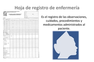 Hoja de registro de enfermería
Es el registro de las observaciones,
cuidados, procedimientos y
medicamentos administrados al
paciente.
 