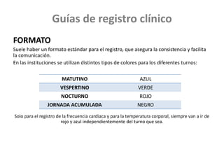 Guías de registro clínico
FORMATO
Suele haber un formato estándar para el registro, que asegura la consistencia y facilita
la comunicación.
En las instituciones se utilizan distintos tipos de colores para los diferentes turnos:
Solo para el registro de la frecuencia cardiaca y para la temperatura corporal, siempre van a ir de
rojo y azul independientemente del turno que sea.
MATUTINO AZUL
VESPERTINO VERDE
NOCTURNO ROJO
JORNADA ACUMULADA NEGRO
 