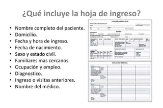 ¿Qué incluye la hoja de ingreso?
• Nombre completo del paciente.
• Domicilio.
• Fecha y hora de ingreso.
• Fecha de nacimiento.
• Sexo y estado civil.
• Familiares mas cercanos.
• Ocupación y empleo.
• Diagnostico.
• Ingreso o visitas anteriores.
• Nombre del médico.
 