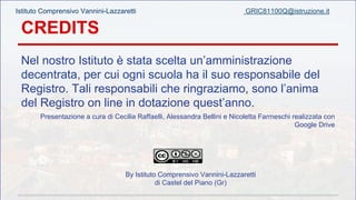 Istituto Comprensivo Vannini-Lazzaretti GRIC81100Q@istruzione.it 
CREDITS 
Nel nostro Istituto è stata scelta un’amministrazione 
decentrata, per cui ogni scuola ha il suo responsabile del 
Registro. Tali responsabili che ringraziamo, sono l’anima 
del Registro on line in dotazione quest’anno. 
Presentazione a cura di Cecilia Raffaelli, Alessandra Bellini e Nicoletta Farmeschi realizzata con 
Google Drive 
By Istituto Comprensivo Vannini-Lazzaretti 
di Castel del Piano (Gr) 
