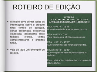 ROTEIRO DE EDIÇÃO
• o roteiro deve conter todas as
informações sobre o produto
final: tempo de duração,
cenas escolhidas, sequência
elaborada, passagens entre
tópicos, efeitos, textos
complementares e créditos
finais.
• veja ao lado um exemplo de
roteiro.
LETREIRO:LETREIRO:
E.E. XXXXXXXXXXX – D.E. LESTE 3 - SPE.E. XXXXXXXXXXX – D.E. LESTE 3 - SP
ATIVIDADE DE ESCRITA DA 1ª SÉRIE / 2010ATIVIDADE DE ESCRITA DA 1ª SÉRIE / 2010
FITA 3 / 05’35’’ - 05’45’’FITA 3 / 05’35’’ - 05’45’’
Aluna de camiseta amarela senta na roda.Aluna de camiseta amarela senta na roda.
FITA 3 / 6’25’’ - 7’10’’FITA 3 / 6’25’’ - 7’10’’
Profa apresenta a atividade aos alunos.Profa apresenta a atividade aos alunos.
FITA 1 / 30’15’’ - 40’05’’FITA 1 / 30’15’’ - 40’05’’
Alunos listando suas histórias preferidas.Alunos listando suas histórias preferidas.
FITA 2 / 00’10’’ - 00’40’’FITA 2 / 00’10’’ - 00’40’’
Alunos registram lista de personagens noAlunos registram lista de personagens no
caderno.caderno.
Entra música X c/ detalhes das produções deEntra música X c/ detalhes das produções de
alguns alunos.alguns alunos.
 