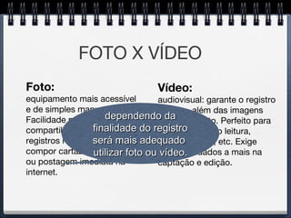 FOTO X VÍDEO
Vídeo:
audiovisual: garante o registro
do som, além das imagens
em movimento. Perfeito para
atividades como leitura,
teatro, música, etc. Exige
alguns cuidados a mais na
captação e edição.
Foto:
equipamento mais acessível
e de simples manuseio.
Facilidade para o
compartilhamento. Ideal p/
registros rápidos, para
compor cartazes, portifólios,
ou postagem imediata na
internet.
dependendo dadependendo da
finalidade do registrofinalidade do registro
será mais adequadoserá mais adequado
utilizar foto ou vídeo.utilizar foto ou vídeo.
 