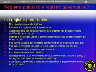 Un registro governativo
1. Non può che essere obbligatorio
2. Richiede una registrazione di tipo notarile
3. Accessibile s...