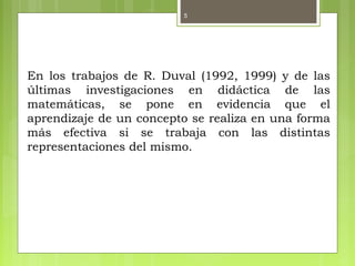 5
En los trabajos de R. Duval (1992, 1999) y de las
últimas investigaciones en didáctica de las
matemáticas, se pone en evidencia que el
aprendizaje de un concepto se realiza en una forma
más efectiva si se trabaja con las distintas
representaciones del mismo.
 