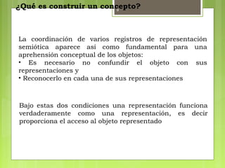 9
¿Qué es construir un concepto?
La coordinación de varios registros de representación
semiótica aparece así como fundamental para una
aprehensión conceptual de los objetos:
• Es necesario no confundir el objeto con sus
representaciones y
• Reconocerlo en cada una de sus representaciones
Bajo estas dos condiciones una representación funciona
verdaderamente como una representación, es decir
proporciona el acceso al objeto representado
 