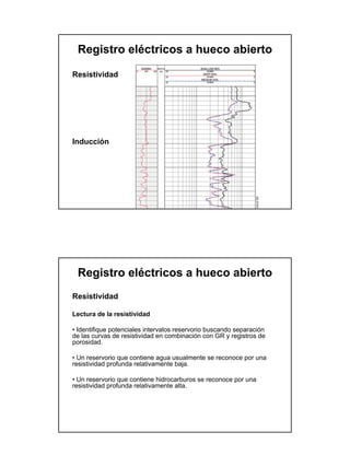 Registro eléctricos a hueco abierto

Resistividad




Inducción




 Registro eléctricos a hueco abierto
Resistividad

Lectura de la resistividad

• Identifique potenciales intervalos reservorio buscando separación
de las curvas de resistividad en combinación con GR y registros de
porosidad.

• Un reservorio que contiene agua usualmente se reconoce por una
resistividad profunda relativamente baja.

• Un reservorio que contiene hidrocarburos se reconoce por una
resistividad profunda relativamente alta.
 
