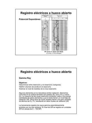 Registro eléctricos a hueco abierto
Potencial Espontáneo




 Registro eléctricos a hueco abierto
Gamma Ray

Objetivos:
•Discriminar entre reservorio y no-reservorio (net/gross)
•Definir volumen de arcilla en el reservorio
•Estimar el nivel de lodolitas de la roca reservorio

Algunos elementos en la naturaleza emiten radiación. Elementos
comunes en la corteza terrestre son potasio (K), torio (Th) y uranio
(U). La mayoría de las rocas reservorio contienen nada o muy pocas
cantidades de estos elementos y por lo tanto tienen un nivel bajo de
radiación GR. Otros tipos de rocas (shales) tienen una gran cantidad
de átomos de K y Th, resultando en altos niveles de radiación GR.

La herramienta registra los rayos gamma espontáneamente
emitidos por los tres isótopos. El nivel de GR se registra en unidades
API en escala de 0 – 150 API.
 