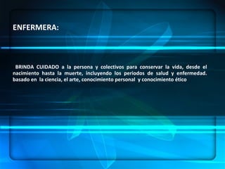 ENFERMERÍA.- ES UN ARTE, UNA CIENCIA Y UNA DISCIPLINA, DENTRO DE SUS  COMPONENTES:  HABILIDADES, CONOCIMIENTOS SISTEMATIZADOS, ÉTICA PROFESIONAL   CONCEPTUALIZACION ENFERMERA : BRINDA CUIDADO a la persona  y colectivos  para conservar la vida, desde el nacimiento hasta la muerte, incluyendo los periodos de salud y enfermedad. basado en  la ciencia, el arte, conocimiento personal  y conocimiento ético 