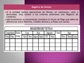 Registro de Ventas:
• Si la entidad realiza operaciones de Ventas, en volúmenes, valor o
diversidad, muy similar a los criterios anteriores (ver Registro de
Compras).
• Adicionalmente se recomienda considera la forma de Pago que debe de
diferencial entre Efectivo, Crédito directo y a Plazo con Letras.
 