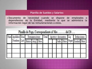 Planilla de Sueldos y Salarios:
• Documento de necesidad cuando se dispone de empleados o
dependientes de la Entidad, mediante la que se administra la
información legal de las remuneraciones a estos.
 