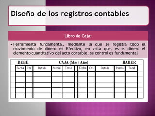 Diseño de los registros contables
Libro de Caja:
• Herramienta fundamental, mediante la que se registra todo el
movimiento de dinero en Efectivo, en vista que, es el dinero el
elemento cuantitativo del acto contable, su control es fundamental
 