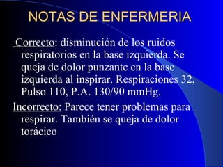 NOTAS DE ENFERMERIA  Correcto : disminución de los ruidos respiratorios en la base izquierda. Se queja de dolor punzante en la base izquierda al inspirar. Respiraciones 32, Pulso 110, P.A. 130/90 mmHg.  Incorrecto:  Parece tener problemas para respirar. También se queja de dolor torácico 