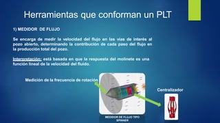 Herramientas que conforman un PLT
1) MEDIDOR DE FLUJO
Se encarga de medir la velocidad del flujo en las vías de interés al
pozo abierto, determinando la contribución de cada paso del flujo en
la producción total del pozo.
Interpretación: está basada en que la respuesta del molinete es una
función lineal de la velocidad del fluido.
MEDIDOR DE FLUJO TIPO
SPINNER
Medición de la frecuencia de rotación
Centralizador
 