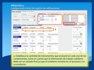 PROCESO 5:
Configuración inicial del registro de calificaciones:
Seleccionando la ficha [Parámetros del grupo]
1. Configure los días que impartirá al grupo creado (indicando número
de lecciones).
2. Calcule las lecciones de cada periodo, puede usar el botón [Calcular
lecciones] , también puede agregar nuevos días no lectivos dentro de la
lista haciendo click en [Editar].
3. Establezca la cantidad de instrumentos que evaluará en cada uno de los
componentes, tome en cuenta que la información de trabajo cotidiano
debe ser un vaciado final ya que el cotidiano consiste en un proceso y no
un producto.
 