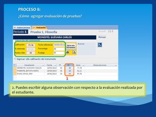 PROCESO 8:
¿Cómo agregar evaluación de pruebas?
Haciendo click en el botón [Evaluar grupalmente] nos lleva
1. Evaluar a los estudiantes indicando los puntos en este caso.
2. Puedes escribir alguna observación con respecto a la evaluación realizada por
el estudiante.
 