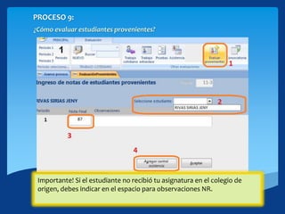 PROCESO 9:
¿Cómo evaluar estudiantes provenientes?
Importante: Puedes evaluar proveniente si el estudiante tiene fecha de
ingreso posterior al primer periodo, caso contrario debes evaluar al
estudiante en cada uno de los instrumento aplicados.
Cinta Evaluación
1. Botón [Evaluar provenientes]
2. Seleccionar de la lista desplegable el estudiante a asignar la nota final
del periodo.
3. Escribe la nota según el traslado.4. Agrega la asistencia si tienes el informe de ausencias del centro
proveniente.
Importante! Si el estudiante no recibió tu asignatura en el colegio de
origen, debes indicar en el espacio para observaciones NR.
 