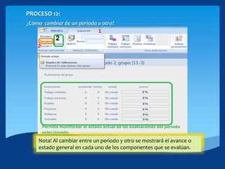 PROCESO 12:
¿Cómo cambiar de un periodo a otro?
1. En la cinta Evaluaciones2. Hacer click en el periodo que desea valorar.Nota! Al cambiar entre un periodo y otro se mostrará el avance o
estado general en cada uno de los componentes que se evalúan.
 
