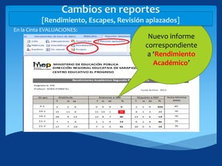 En la Cinta EVALUACIONES:
Nuevo informe
correspondiente
a ‘Rendimiento
Académico’
Cambios en reportes
[Rendimiento, Escapes, Revisión aplazados]
 