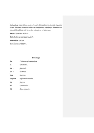 Asignatura: Matemáticas, según el horario del establecimiento, está dispuesto
que la semana la inicien en clases de matemáticas, además por ser educación
especial de adultos, solo tienen dos asignaturas en la semana.
Fecha: 27 de abril del 2015.
Estudiantes presentes en aula: 4.
Hora inicio: 8:35 hrs
Hora término: 10:00 hrs.
Simbología
Pa : Profesora de la asignatura.
A : Estudiantes.
Ao 1 : Alumno 1.
Ao 2 : Alumno 2.
Aos : Alumnos.
Alg. Est : Algunos estudiantes.
Aa : Alumna.
O1 : Observadora 1.
O2 : Observadora 2.
 