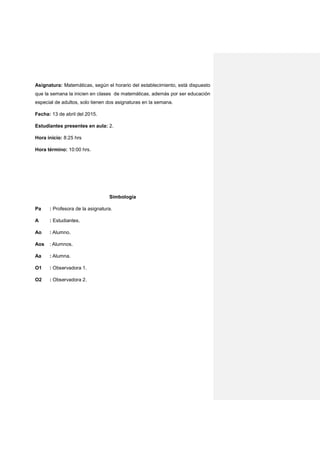 Asignatura: Matemáticas, según el horario del establecimiento, está dispuesto
que la semana la inicien en clases de matemáticas, además por ser educación
especial de adultos, solo tienen dos asignaturas en la semana.
Fecha: 13 de abril del 2015.
Estudiantes presentes en aula: 2.
Hora inicio: 8:25 hrs
Hora término: 10:00 hrs.
Simbología
Pa : Profesora de la asignatura.
A : Estudiantes.
Ao : Alumno.
Aos : Alumnos.
Aa : Alumna.
O1 : Observadora 1.
O2 : Observadora 2.
 