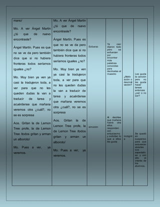 mano/
Mo. A ver Ángel Martín
¿tú que de nuevo
encontraste?
Ángel Martín. Pues es que
no se ve da pero también
dice que si no hubiera
fronteras todos seríamos
iguales ¿no?
Mo. Muy bien ya ven ya
casi la tradujeron toda, a
ver para que no les
queden dudas la van a
traducir de tarea y
acuérdense que mañana
veremos otra ¿cuál?, no
se es sorpresa
Aos. Gritan la de Lemon
Tree profe, la de Lemon
Tree /todos gritan y arman
un alboroto/
Mo. Pues a ver, ya
veremos.
Mo. A ver Ángel Martín
¿tú que de nuevo
encontraste?
Ángel Martín. Pues es
que no se ve da pero
también dice que si no
hubiera fronteras todos
seríamos iguales ¿no?
Mo. Muy bien ya ven
ya casi la tradujeron
toda, a ver para que
no les queden dudas
la van a traducir de
tarea y acuérdense
que mañana veremos
otra ¿cuál?, no se es
sorpresa
Aos. Gritan la de
Lemon Tree profe, la
de Lemon Tree /todos
gritan y arman un
alboroto/
Mo. Pues a ver, ya
veremos.
Esfuerzo
emoción
Ya casi
dijeron todo
pero se
esfuerzan
por
encontrar
más
palabras
conocidas
para
decírselas al
maestro
Al decirles
que mañana
habrá otra
ellos
responden
con
entusiasmo
y solicitan lo
que a ellos
les gusta
¿Motiv
ación o
desmoti
vación?
incógnit
a
Les gusta
la canción
pero no
les gusta
hacer
tareas
entonces
¿ser o no
ser?
Se quedó
en
suspenso
para que
estuvieran
abiertas
sus
expectativ
as y con
ello el
interés de
los
alumnos.
 