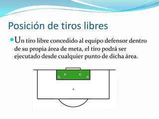 Posición de tiros libres
Un tiro libre concedido al equipo defensor dentro
 de su propia área de meta, el tiro podrá ser
 ejecutado desde cualquier punto de dicha área.
 