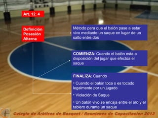 Art. 12. 4
Definición
Posesión
Alterna
Método para que el balón pase a estar
vivo mediante un saque en lugar de un
salto entre dos
COMIENZA: Cuando el balón esta a
disposición del jugar que efectúa el
saque
FINALIZA: Cuando
• Cuando el balón toca o es tocado
legalmente por un jugado
• Violación de Saque
• Un balón vivo se encaja entre el aro y el
tablero durante un saque
 