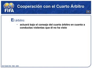 Cooperación con el Cuarto Árbitro
                                                               23




El árbitro:
    − actuará bajo el consejo del cuarto árbitro en cuanto a
      conductas violentas que él no ha visto
 