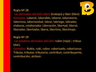 Regla Nº 28
Las derivadas del latín labor (trabajo) y liber (libre).
Ejemplos: Laboral, laborable, laborar, laboratorio,
l...