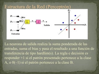Estructura de la Red (Perceptrón) La neurona de salida realiza la suma ponderada de las entradas, suma el bias y pasa el resultado a una función de transferencia de tipo hardlim(s). La regla e decisión es responder +1 si el patrón presentado pertenece a la clase A, o 0(–1) si el patrón pertenece a la clase B. 
